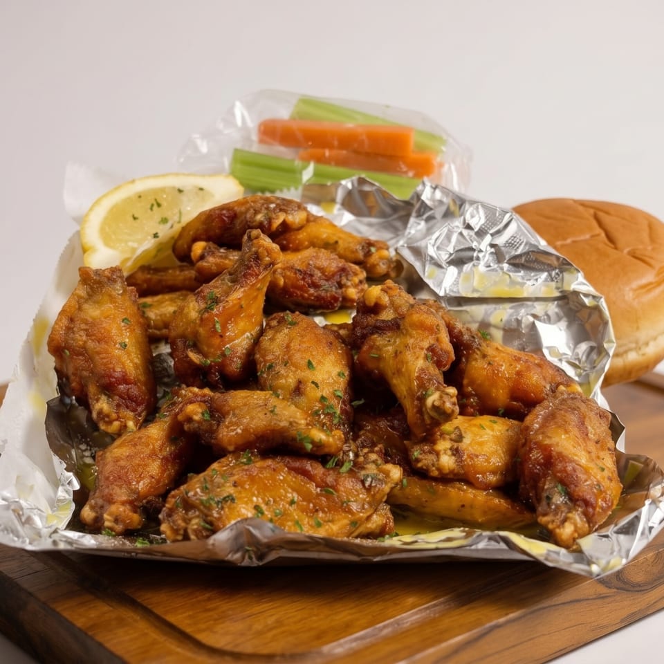 Crispy chicken wings in foil with a lemon slice, celery, carrots, and a bun on a wooden board.