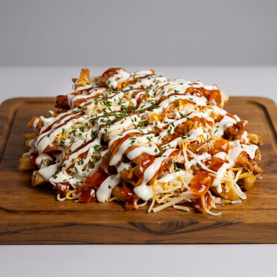 Loaded fries with chicken, cheese, white sauce, BBQ sauce, and parsley on a wooden board.