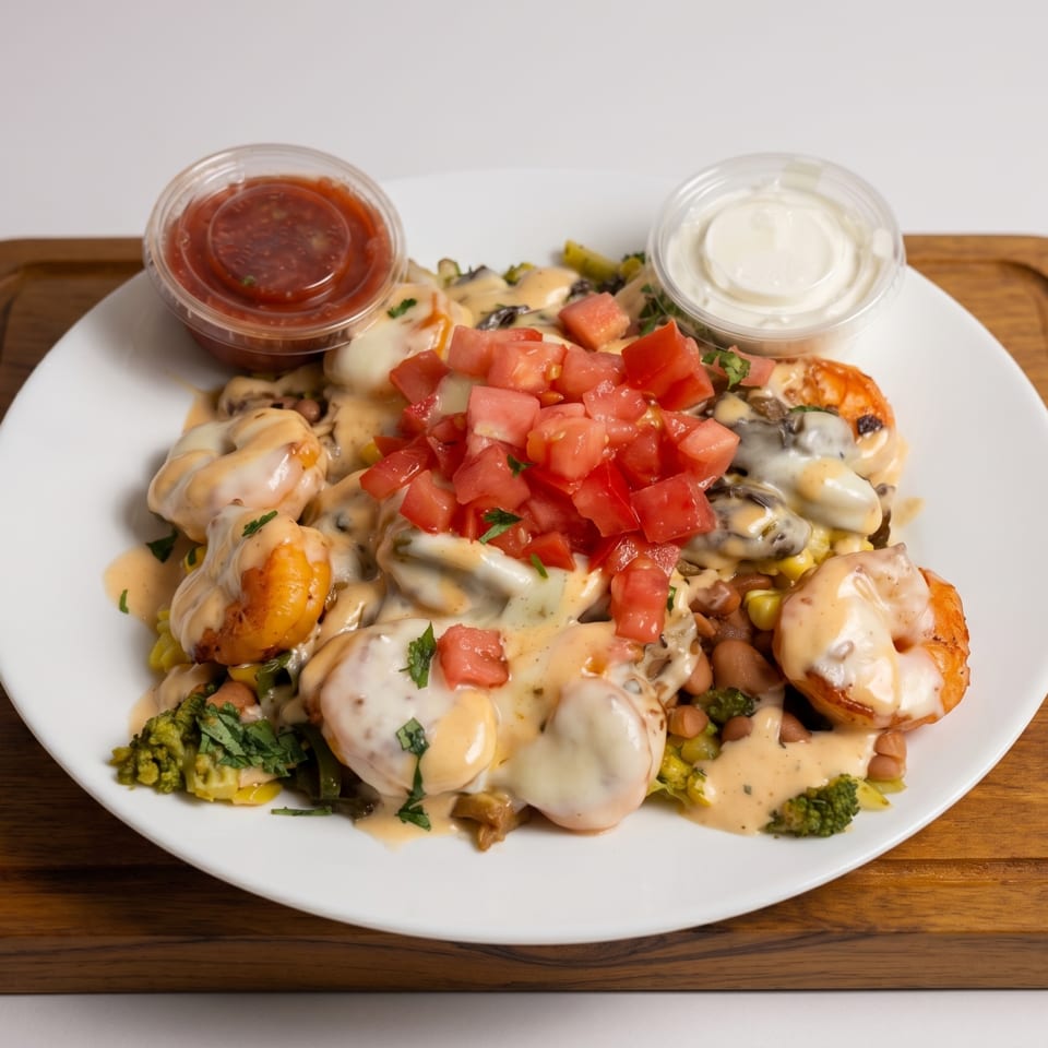 Shrimp and oysters covered in cheese sauce, diced tomatoes, with salsa and sour cream on the side.