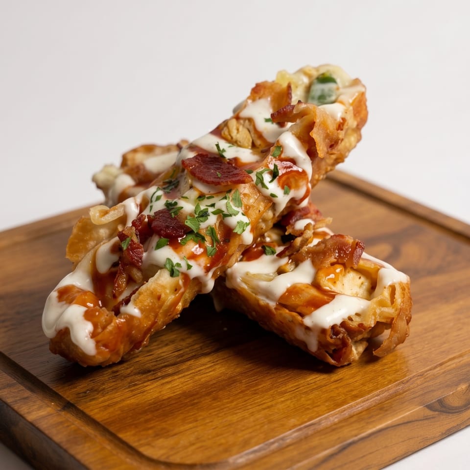 Two crispy waffle sticks topped with white sauce, BBQ sauce, bacon, and parsley on a wooden board.