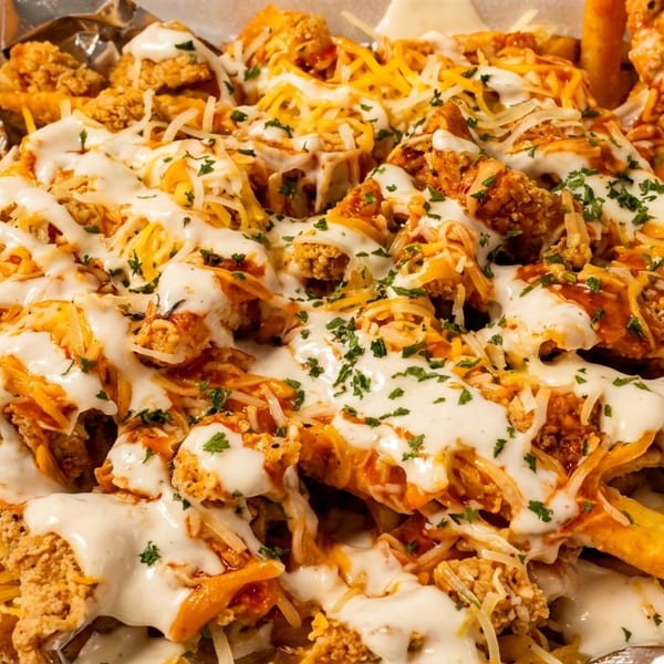 Loaded fries with crispy chicken, melted cheese, white sauce, and parsley in a takeout container.