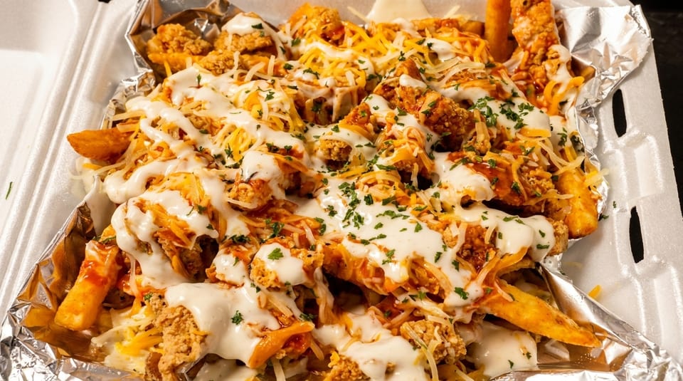 Loaded fries with crispy chicken, melted cheese, white sauce, and parsley in a takeout container.