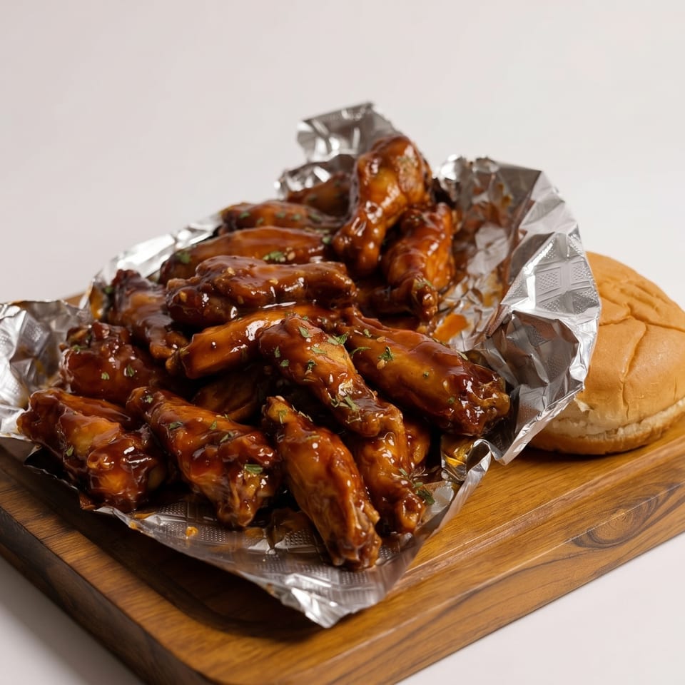 A pile of glistening, saucy chicken wings in foil on a wooden board with a burger bun.