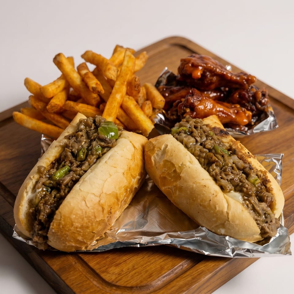 Two cheesesteak sandwiches, a pile of golden fries, and BBQ chicken wings on a wooden board.