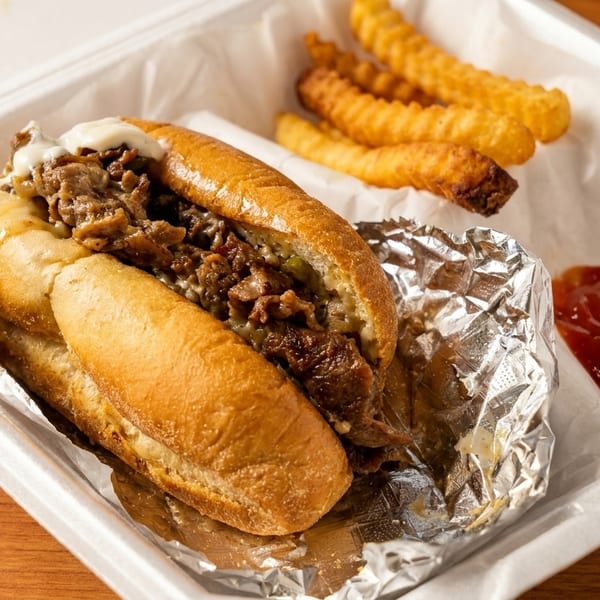 Cheesesteak sandwich with fries and ketchup in a white takeout container on a wooden table.