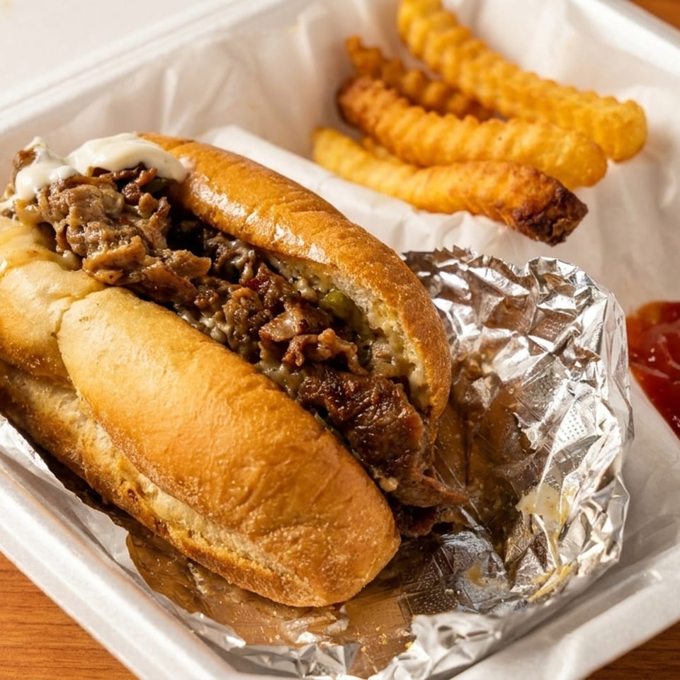 Cheesesteak sandwich with fries and ketchup in a white takeout container on a wooden table.