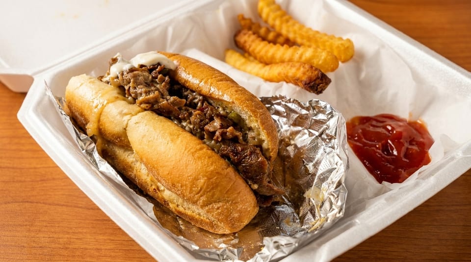 Cheesesteak sandwich with fries and ketchup in a white takeout container on a wooden table.